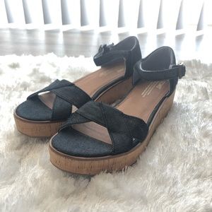 Toms Chambray Cork Wedge Sandals